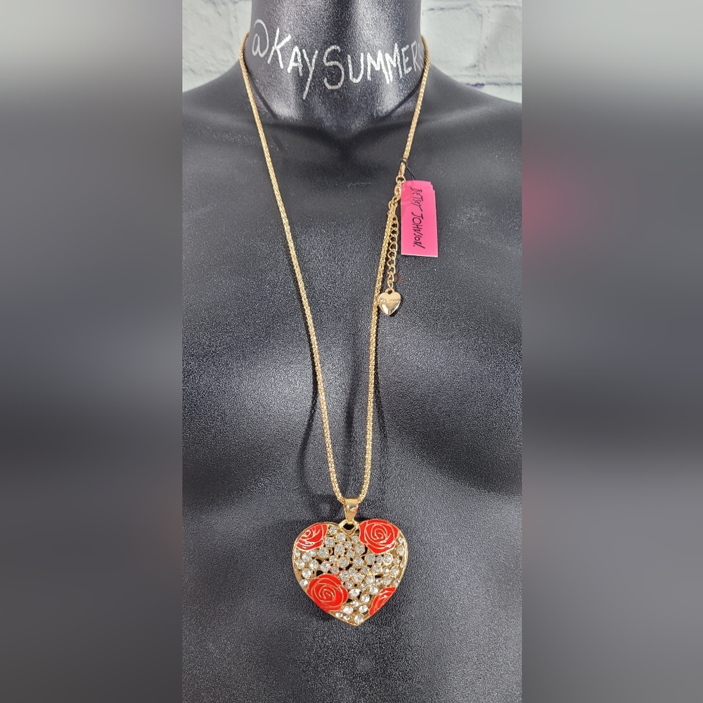 Betsey Johnson rhinestone heart with red enamel roses
